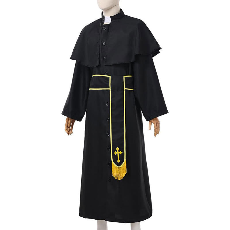 Christianartworkshop Robe de clergé noire de style médiéval avec ceinture à pompon en croix et col châle - image 12