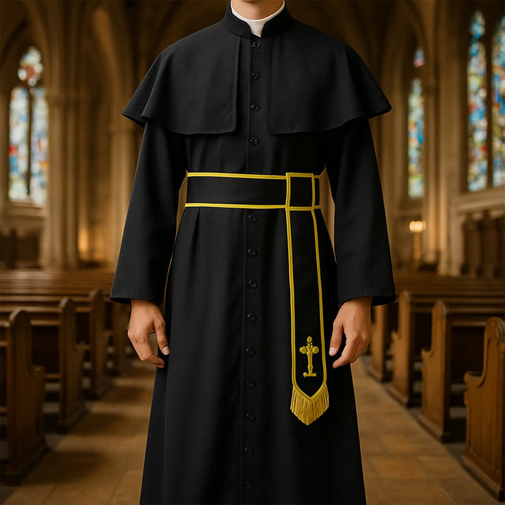 Christianartworkshop Robe de clergé noire de style médiéval avec ceinture à pompon en croix et col châle - image 0