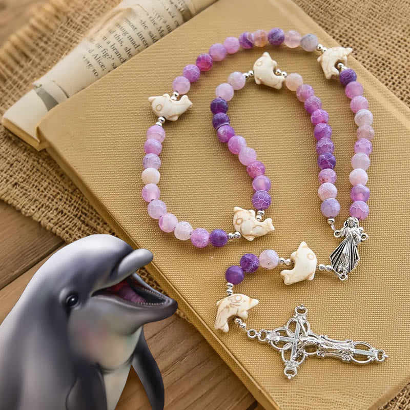 Christianartworkshop Chapelet animalier Ocean of Faith en agate violette patinée et dauphin - Chapelet des dauphins - image 0