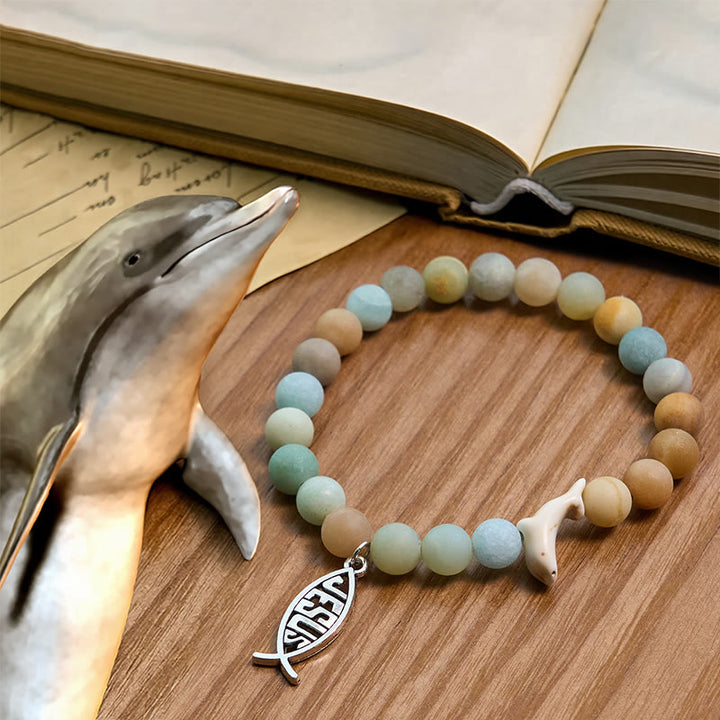 Christianartworkshop Bracelet Ocean Grace Dolphin Blessing avec malachite naturelle et breloque animal Ichthys - Vert clair - image 0