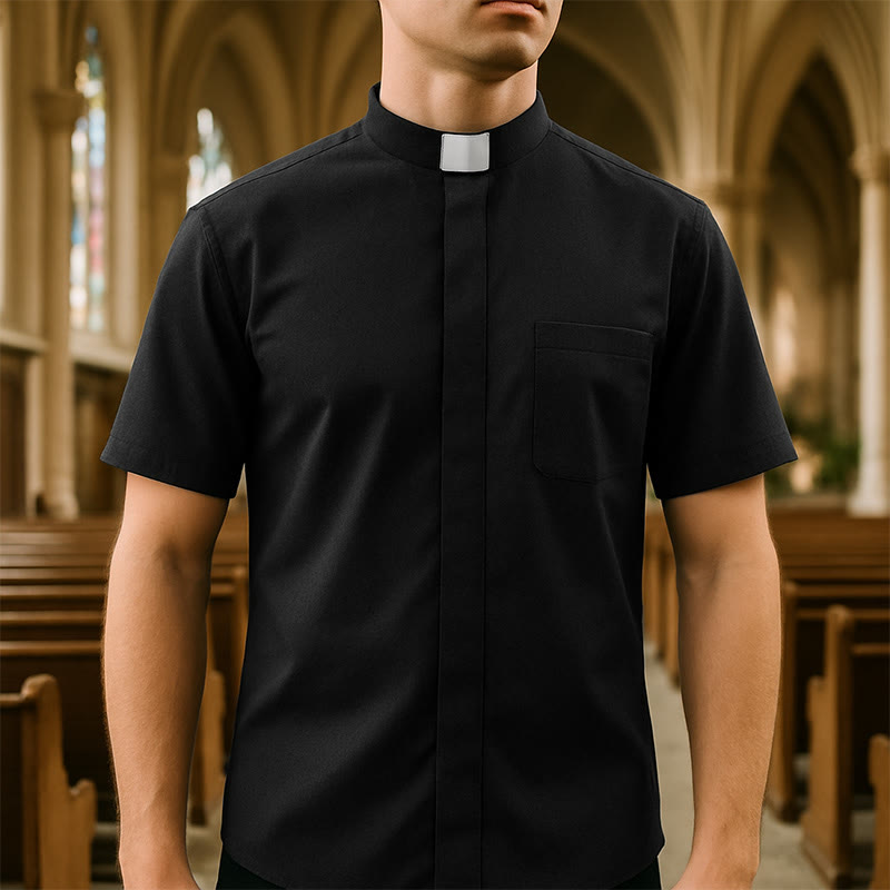 Chemise de clergé unisexe moderne Christianartworkshop avec col à patte blanche : Élégante chemise noire pour fidèles - manches courtes - 5XL - image 0