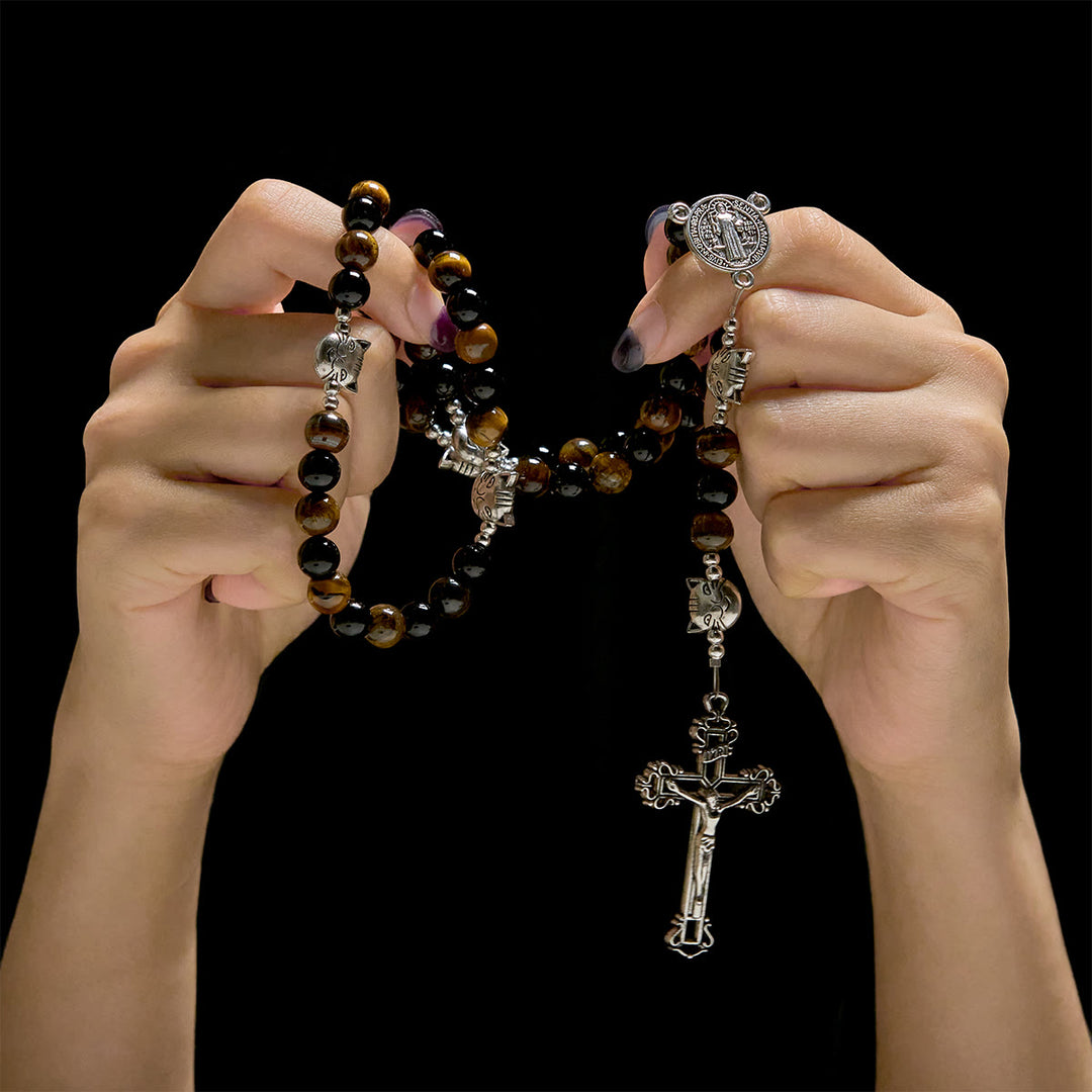 Christianartworkshop Bracelet de prière avec un chat tigré fidèle et des perles marron et noires, chapelet animal - image 1