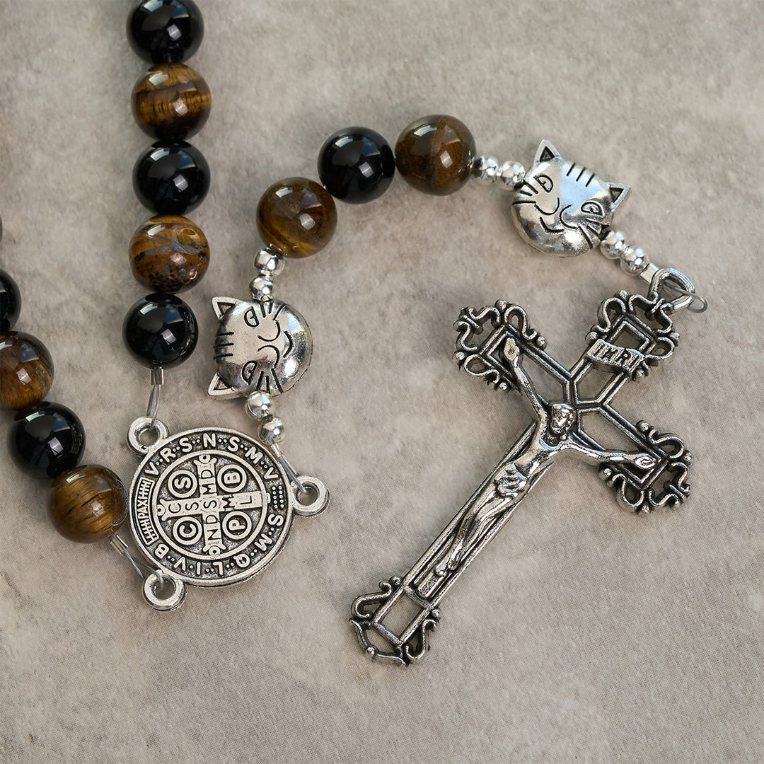 Christianartworkshop Bracelet de prière avec un chat tigré fidèle et des perles marron et noires, chapelet animal - image 8