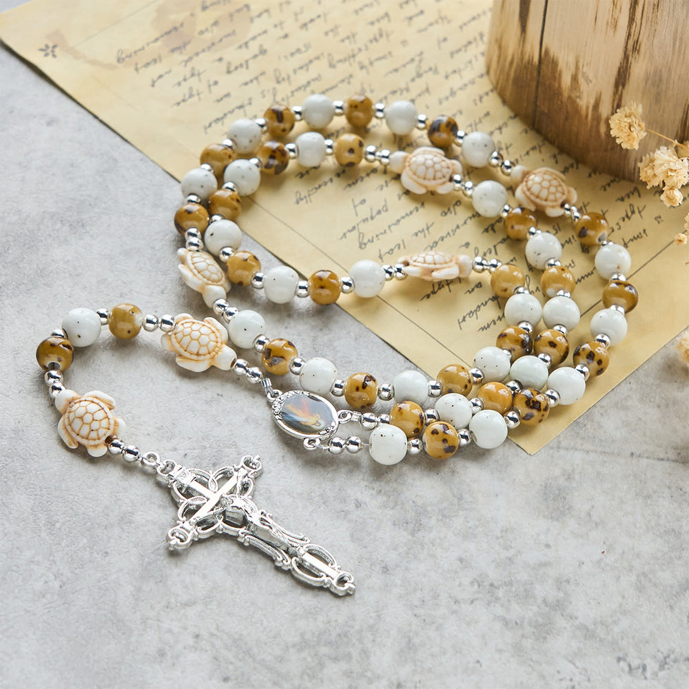 Christianartworkshop Tortue de la Divine Protection avec des perles jaune chaud et chapelet animal de la Miséricorde de Notre Seigneur - image 1