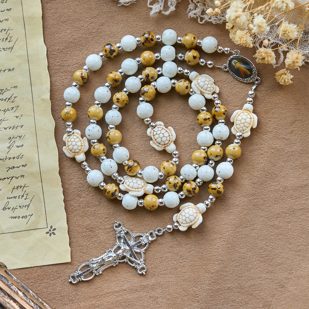 Christianartworkshop Tortue de la Divine Protection avec des perles jaune chaud et chapelet animal de la Miséricorde de Notre Seigneur - image 6