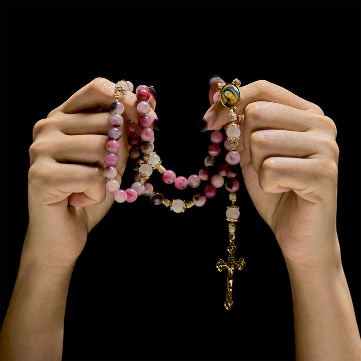 Christianartworkshop Chapelet élégant en perles de jade rose et noir persan, avec la bénédiction de Notre-Dame - image 1