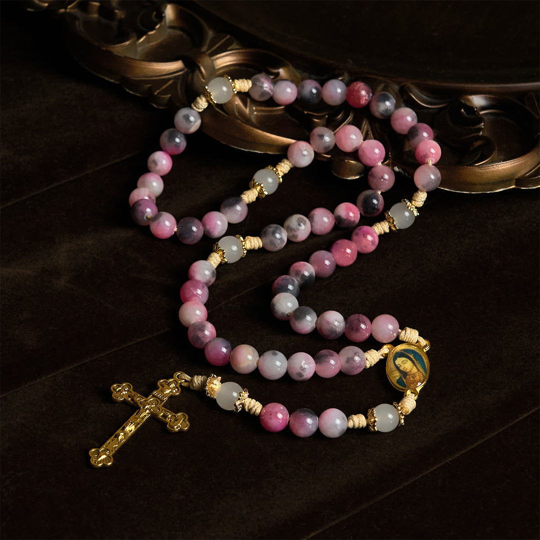 Christianartworkshop Chapelet élégant en perles de jade rose et noir persan, avec la bénédiction de Notre-Dame - image 2