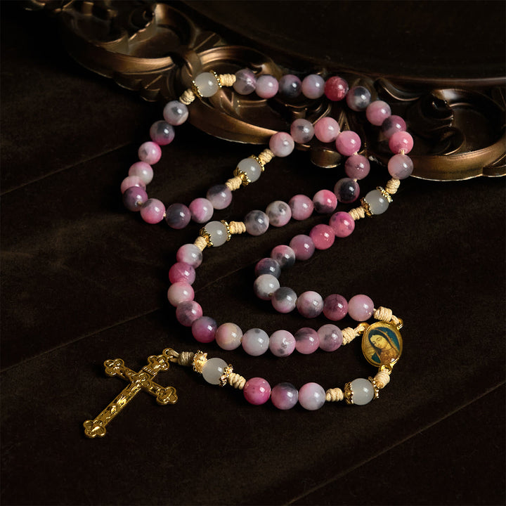 Christianartworkshop Chapelet élégant en perles de jade rose et noir persan, avec la bénédiction de Notre-Dame - image 2