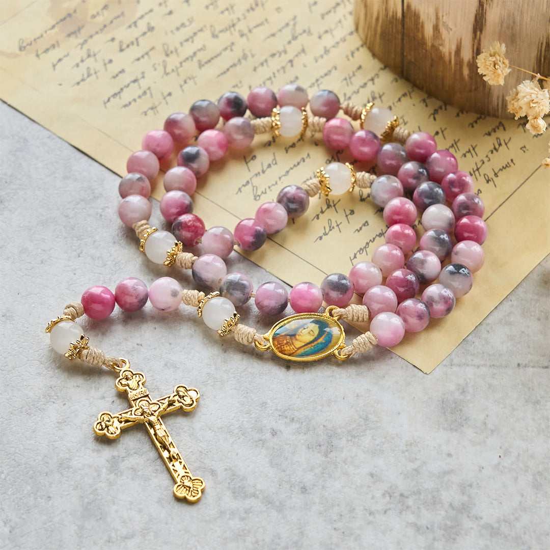 Christianartworkshop Chapelet élégant en perles de jade rose et noir persan, avec la bénédiction de Notre-Dame - image 5