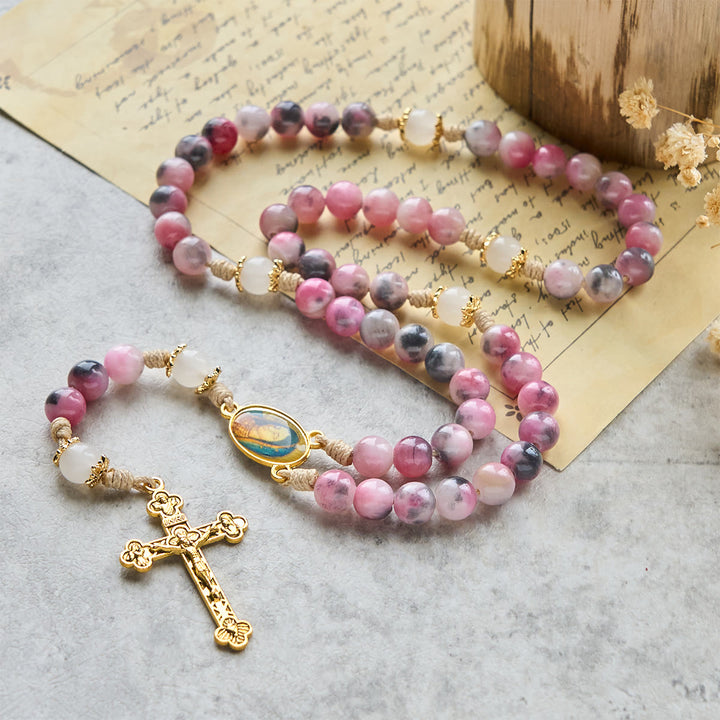 Christianartworkshop Chapelet élégant en perles de jade rose et noir persan, avec la bénédiction de Notre-Dame - image 4