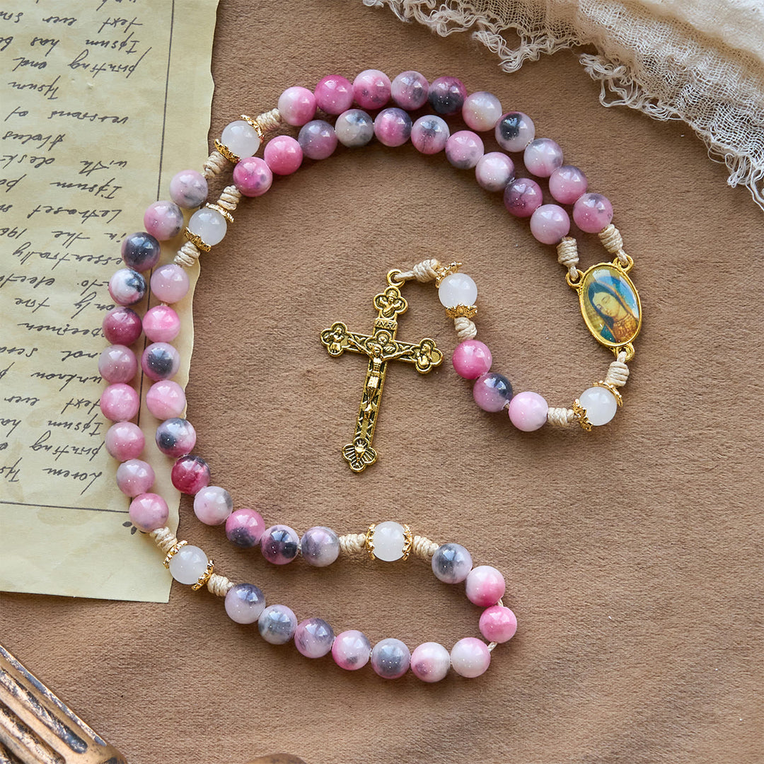 Christianartworkshop Chapelet élégant en perles de jade rose et noir persan, avec la bénédiction de Notre-Dame - image 3