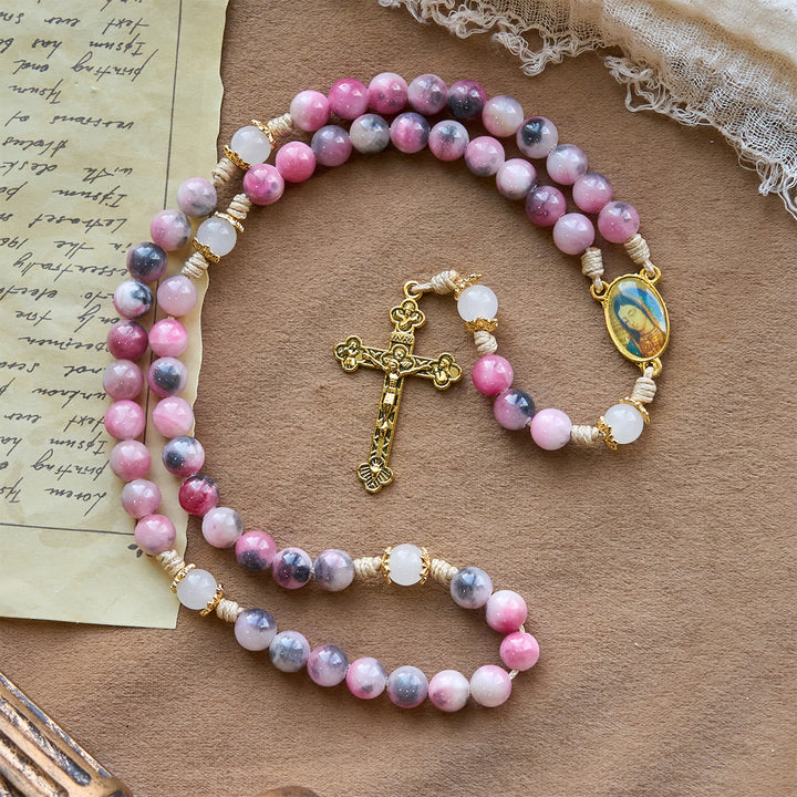 Christianartworkshop Chapelet élégant en perles de jade rose et noir persan, avec la bénédiction de Notre-Dame - image 3