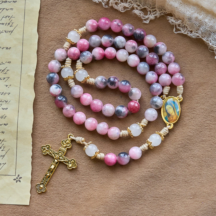 Christianartworkshop Chapelet élégant en perles de jade rose et noir persan, avec la bénédiction de Notre-Dame - Rose persan - image 0
