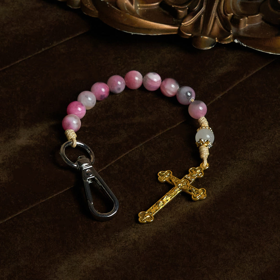 Christianartworkshop Porte-clés chapelet portable en perles de jade rose persan avec crucifix en bronze - image 2
