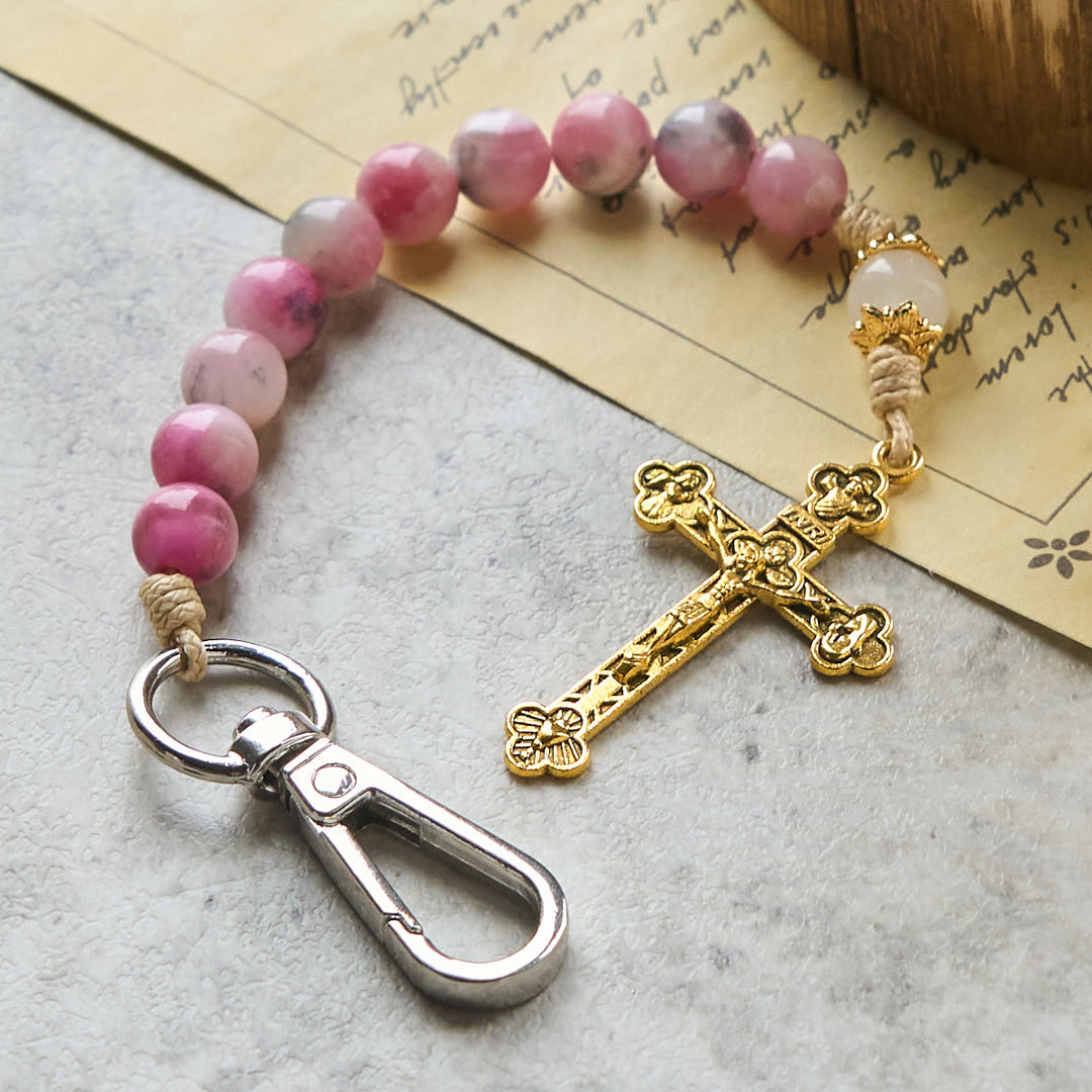 Christianartworkshop Porte-clés chapelet portable en perles de jade rose persan avec crucifix en bronze - image 1