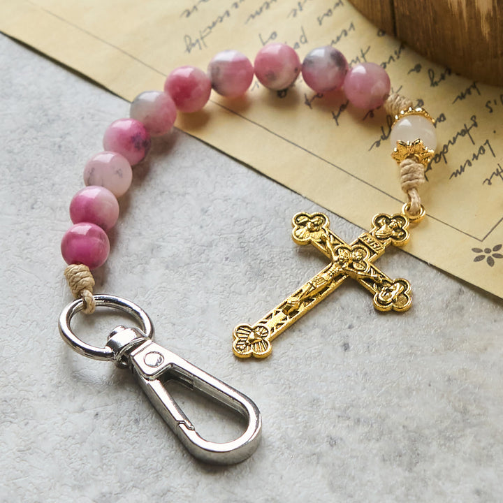 Christianartworkshop Porte-clés chapelet portable en perles de jade rose persan avec crucifix en bronze - image 1