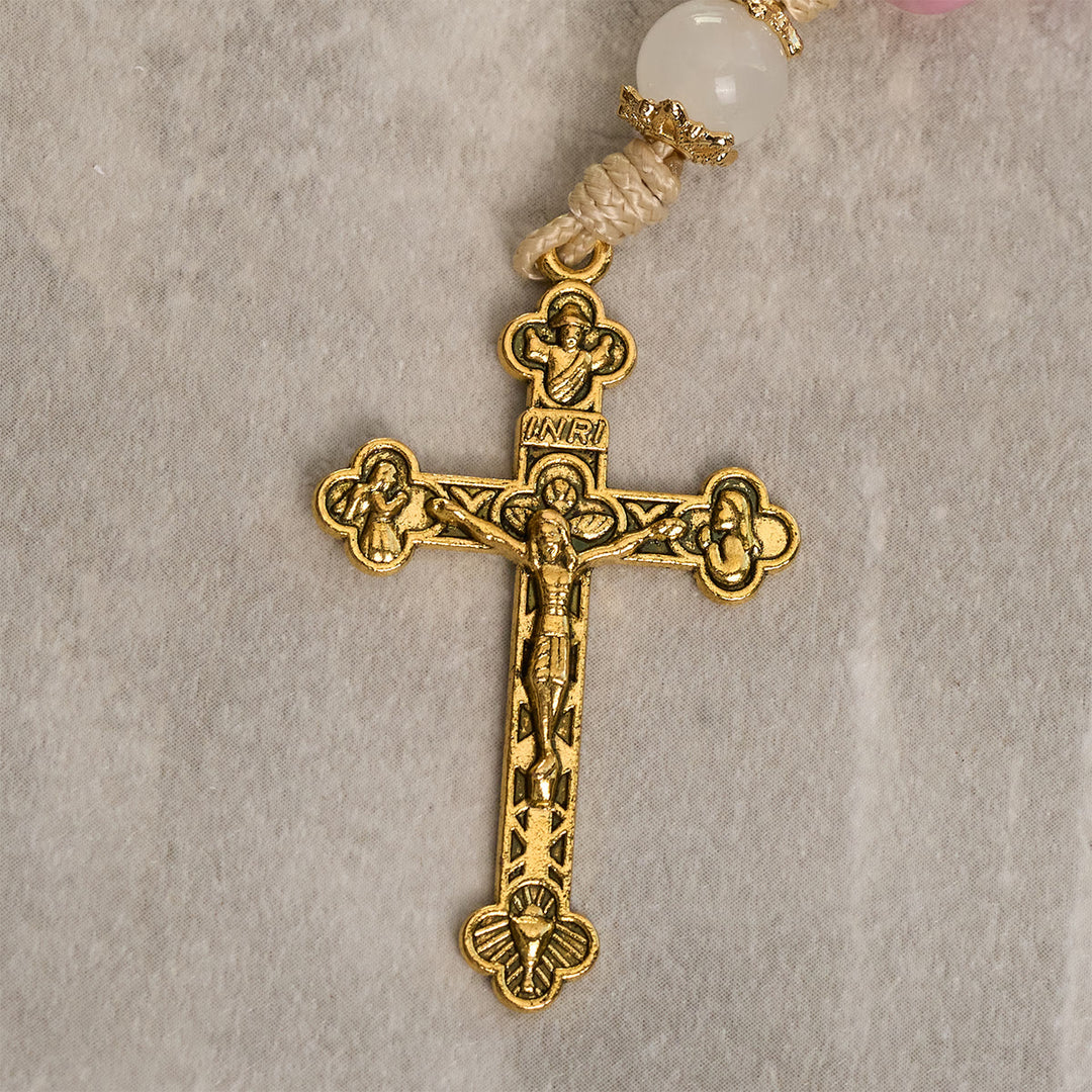 Christianartworkshop Porte-clés chapelet portable en perles de jade rose persan avec crucifix en bronze - image 4