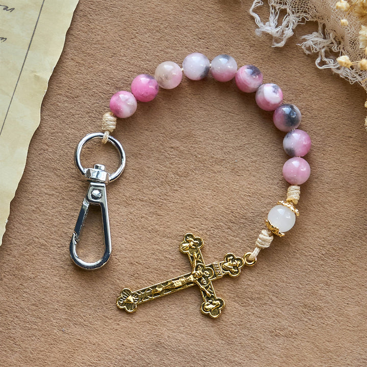 Christianartworkshop Porte-clés chapelet portable en perles de jade rose persan avec crucifix en bronze - Porte-clés chapelet - image 0