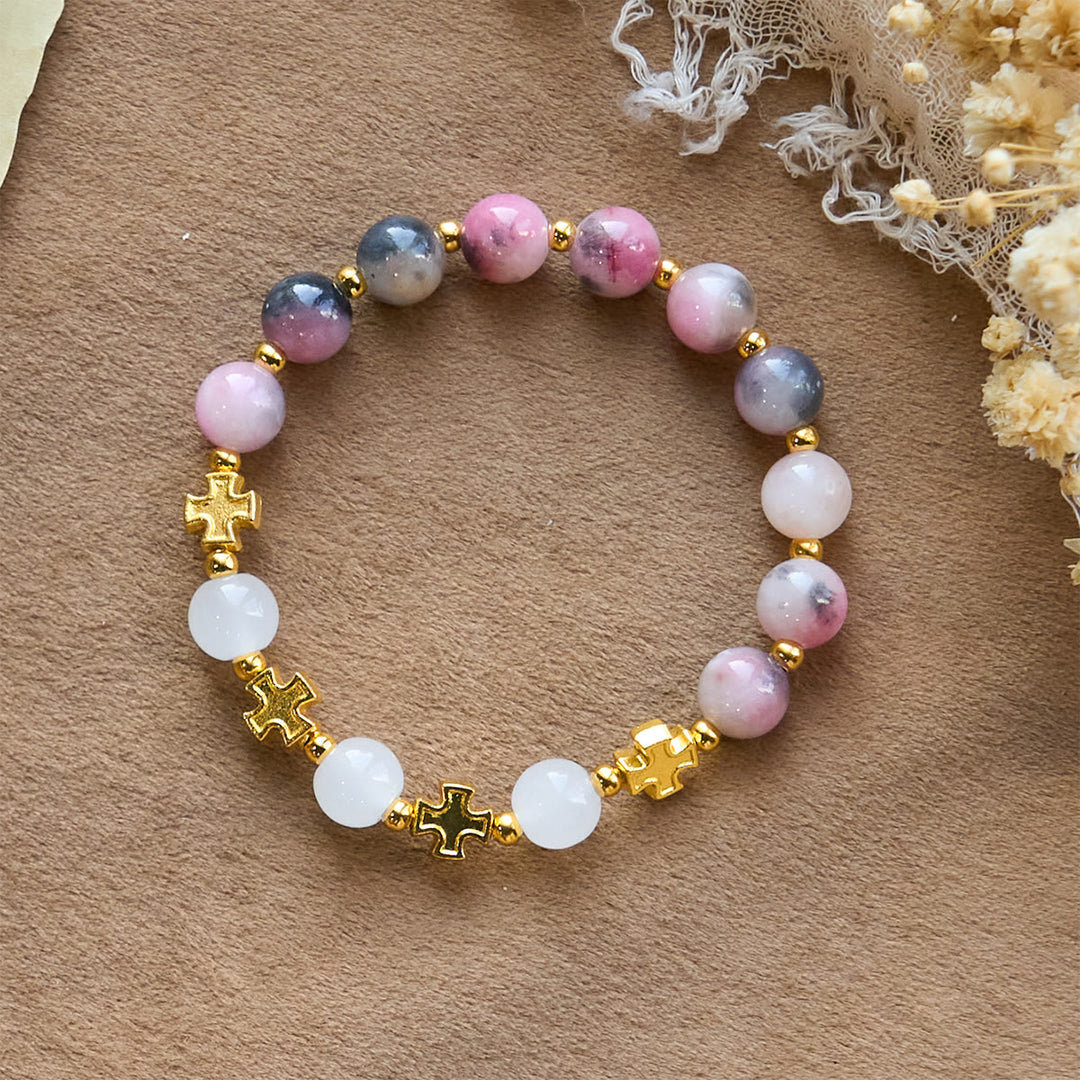 Christianartworkshop Bracelet élégant en perles de jade persan rose et noir de 8 mm avec croix ancienne - Bracelet rose - image 0