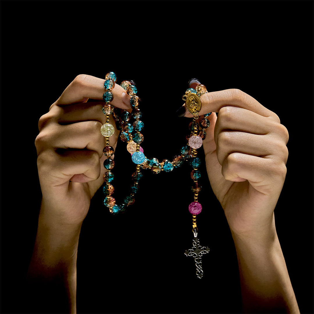 Christianartworkshop Chapelet Divine Harmony Radiance à perles craquelées bleu-rouge avec croix de la foi - image 1