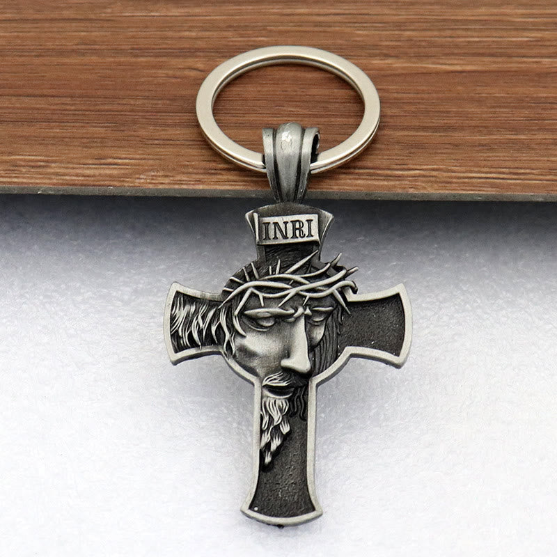 Christianartworkshop Porte-clés croix vintage dorée à l'effigie de Jésus couronné d'épines : un symbole de dévotion intemporel - Étain - image 0