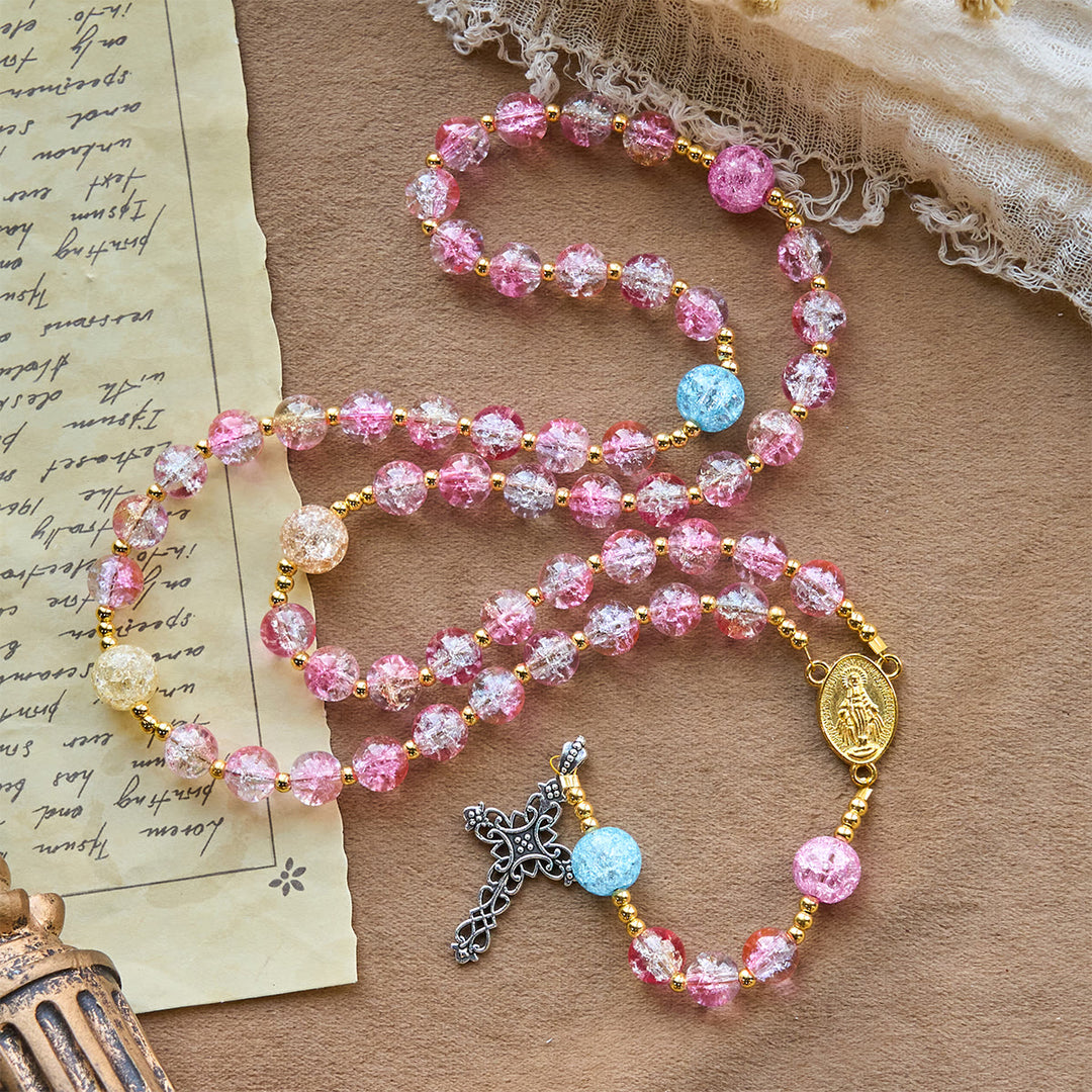 Christianartworkshop Chapelet de Notre-Dame en verre craquelé rose et bleu scintillant - image 3