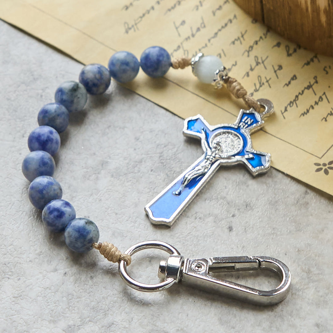 Christianartworkshop Porte-clés chapelet portable en jade bleu avec croix de lumière émaillée - Porte-clés chapelet - image 0