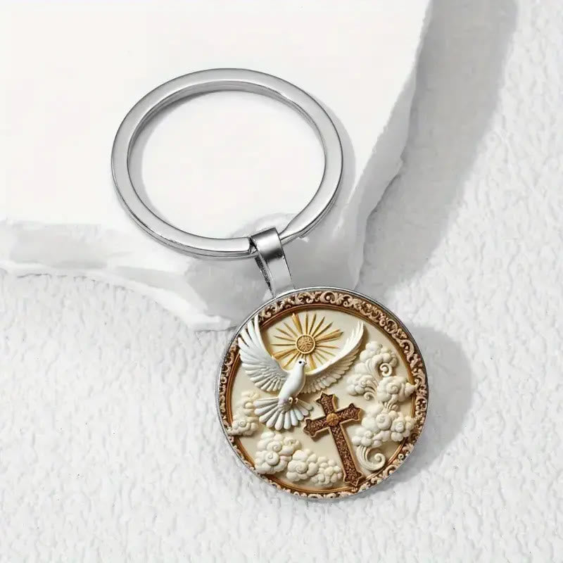 Christianartworkshop Porte-clés minimaliste argenté en forme de croix et de colombe : un subtil rappel de l'amour divin - Argent - image 0
