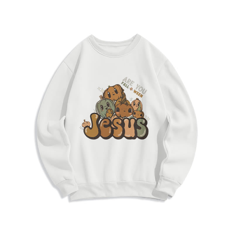 Sweat-shirt en polyester doublé polaire avec motif citrouille fantaisiste et imprimé « Jésus » de Christianartworkshop - Blanc - 2XL - image 6