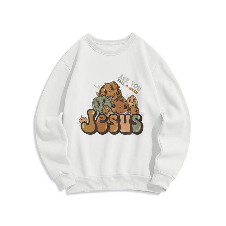 Sweat-shirt en polyester doublé polaire avec motif citrouille fantaisiste et imprimé « Jésus » de Christianartworkshop - Blanc - 2XL - image 6