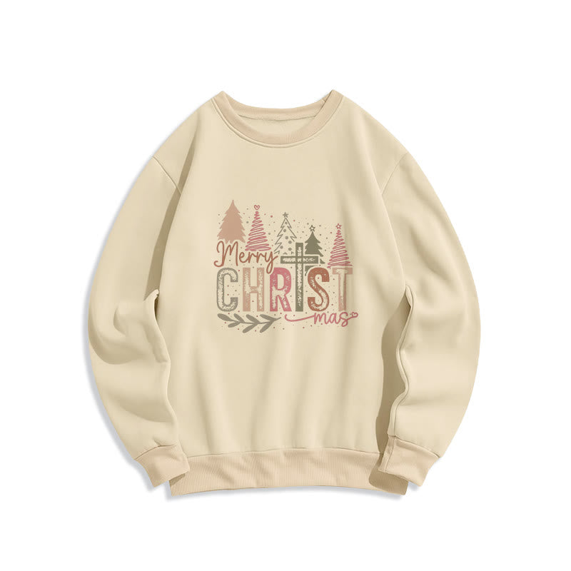 Sweat-shirt en polyester doublé polaire avec motif croix et sapin religieux de Noël, signé Christianartworkshop - Beige - 2XL - image 1