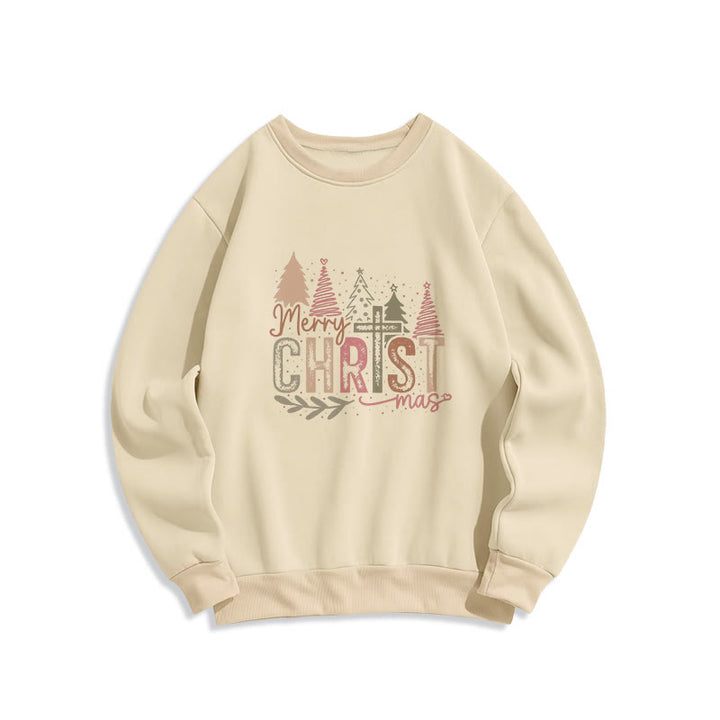 Sweat-shirt en polyester doublé polaire avec motif croix et sapin religieux de Noël, signé Christianartworkshop - Beige - 2XL - image 1