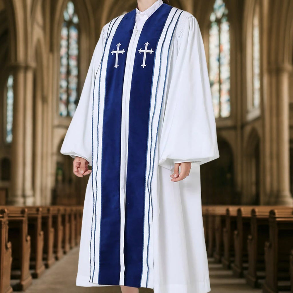 Christianartworkshop Robe de clergé blanche avec croix brodées et empiècements bleus - image 1