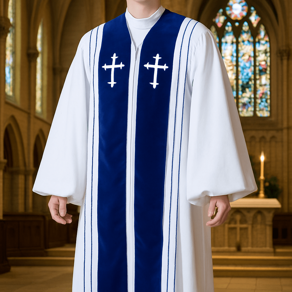 Christianartworkshop Robe de clergé blanche avec croix brodées et empiècements bleus - image 0