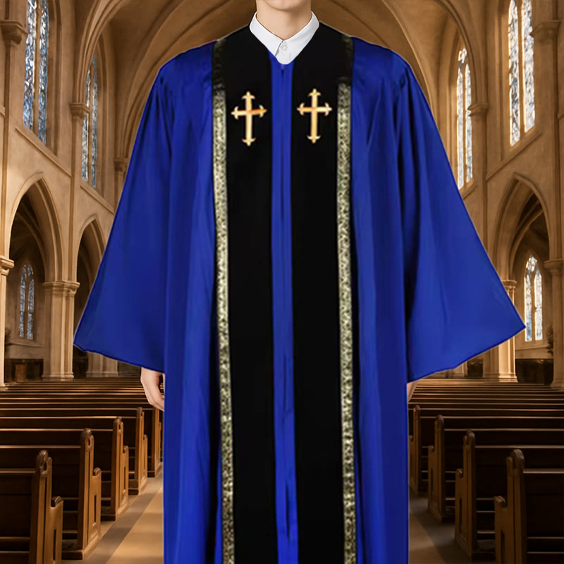 Christianartworkshop Soutane d'église traditionnelle multicolore avec croix dorée et ornement - 3XL - Bleu - image 1