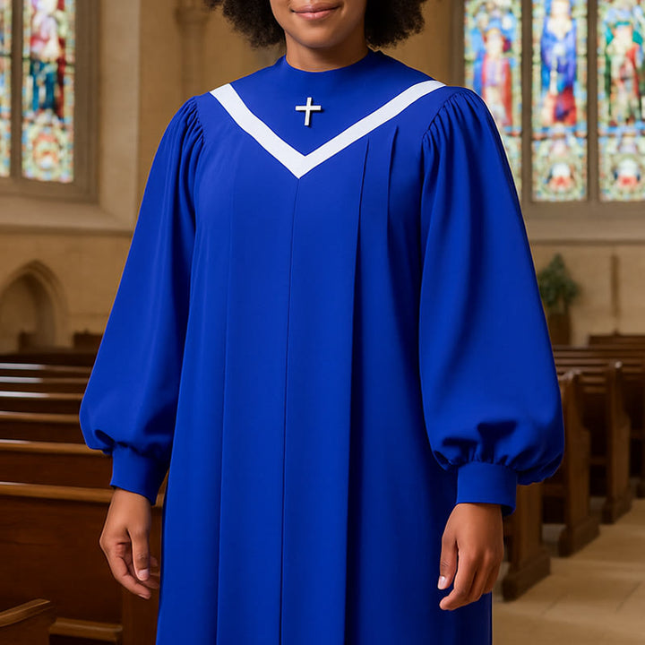 Christianartworkshop Robe de cérémonie bleue élégante pour le clergé, ornée d'un col en V blanc et d'une croix. - 3XL - image 0