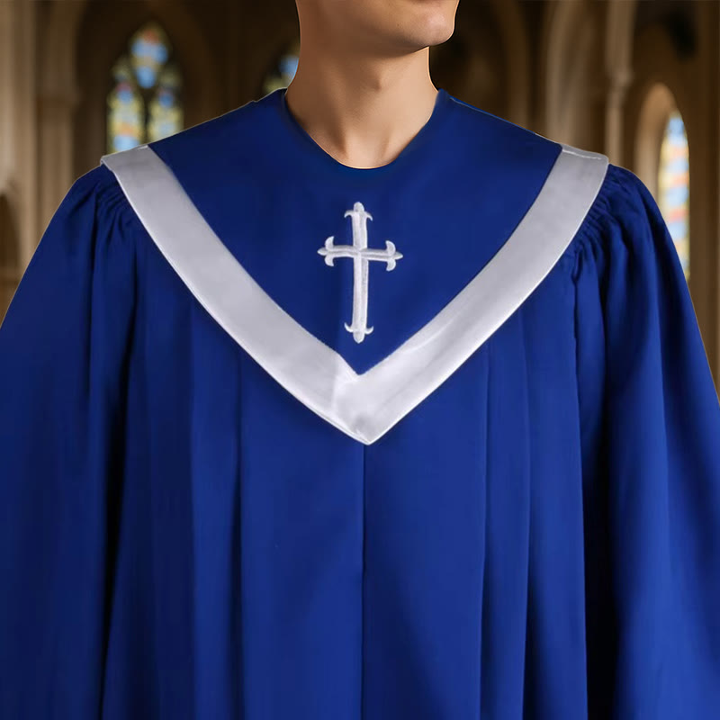Christianartworkshop Robe de cérémonie bleue élégante pour le clergé, ornée d'un col en V blanc et d'une croix. - image 1