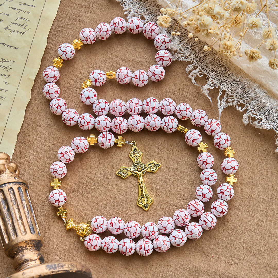 Christianartworkshop Chapelet de football bicolore Foi et Victoire avec crucifix et Saint Graal - Football rouge - image 0