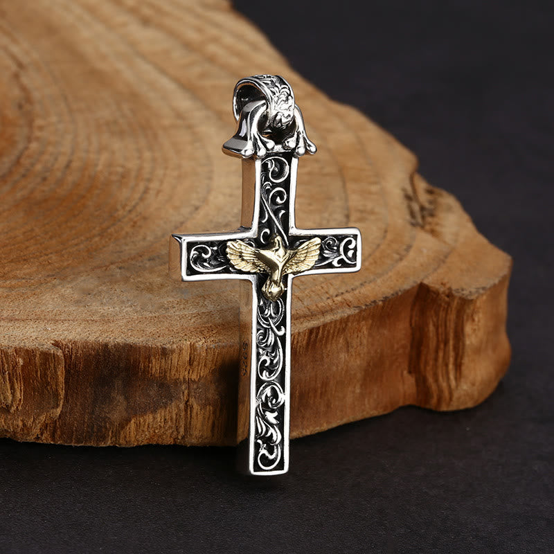 Collier croix en argent sterling finement travaillé avec colombe dorée, signé Christianartworkshop : un mélange exquis de détails et de dévotion - image 4