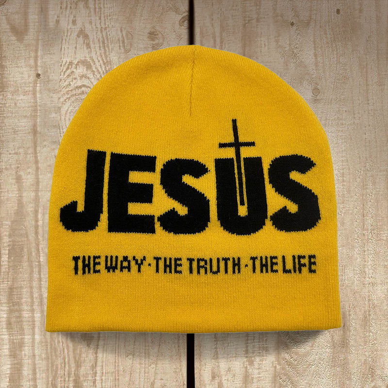 Christianartworkshop Bonnet tricoté JESUS Jacquard automne/hiver pour cyclisme en extérieur - Jaune et noir - image 1