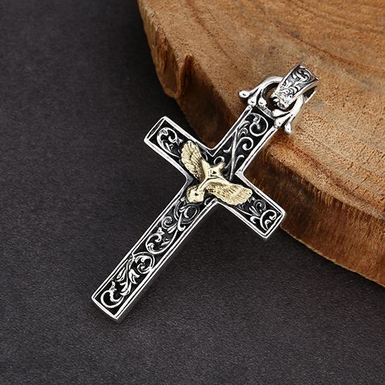 Collier croix en argent sterling finement travaillé avec colombe dorée, signé Christianartworkshop : un mélange exquis de détails et de dévotion - image 1