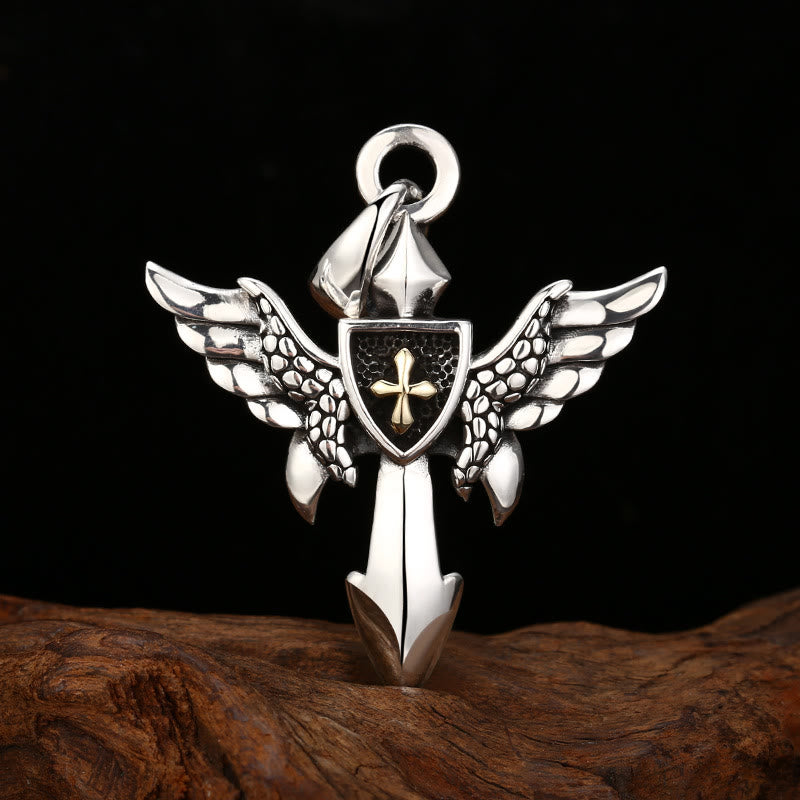 Pendentif Croix Ailée Artistique en Argent avec Détail de Bouclier - Christianartworkshop : Un Mélange Unique d'Art et de Croyance - Argent sterling 925 - image 0
