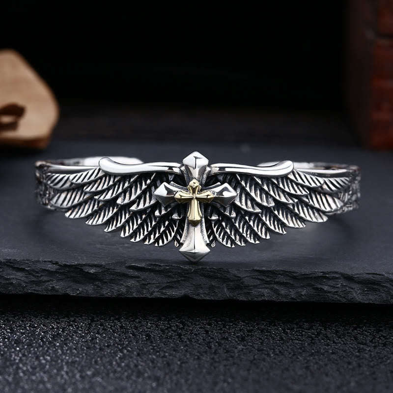Bracelet Christianartworkshop Vintage Bicolore Argent Orné d'une Croix Aile : Un Symbole Précieux de Connexion Spirituelle - Argent sterling 925 - image 0