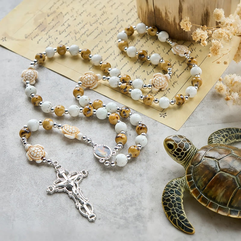 Christianartworkshop Tortue de la Divine Protection avec des perles jaune chaud et chapelet animal de la Miséricorde de Notre Seigneur - Chapelet de prière de la tortue - image 0