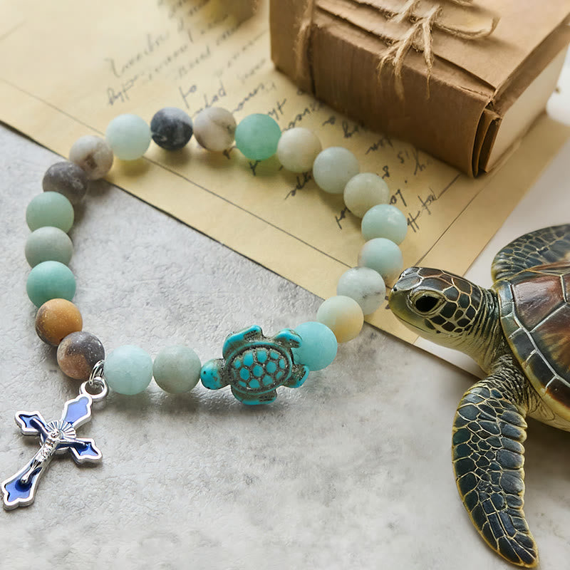Christianartworkshop Bracelet Ocean's Faith orné de pierres naturelles multicolores et d'une breloque tortue. - Amazonite mate - image 0