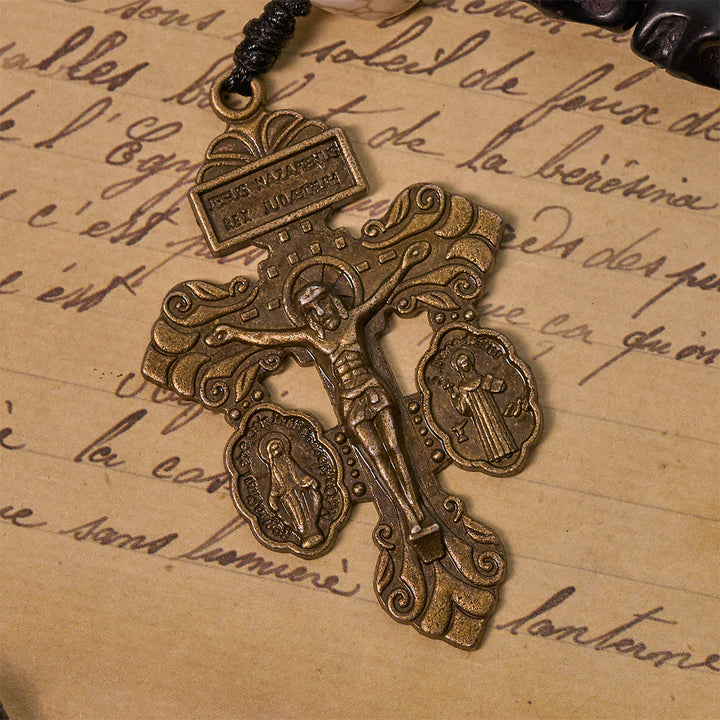 Christianartworkshop Lumière sur les ténèbres - Crucifix de la Miséricorde pour le Pardon avec chapelet à grains noirs en forme de crâne - image 8