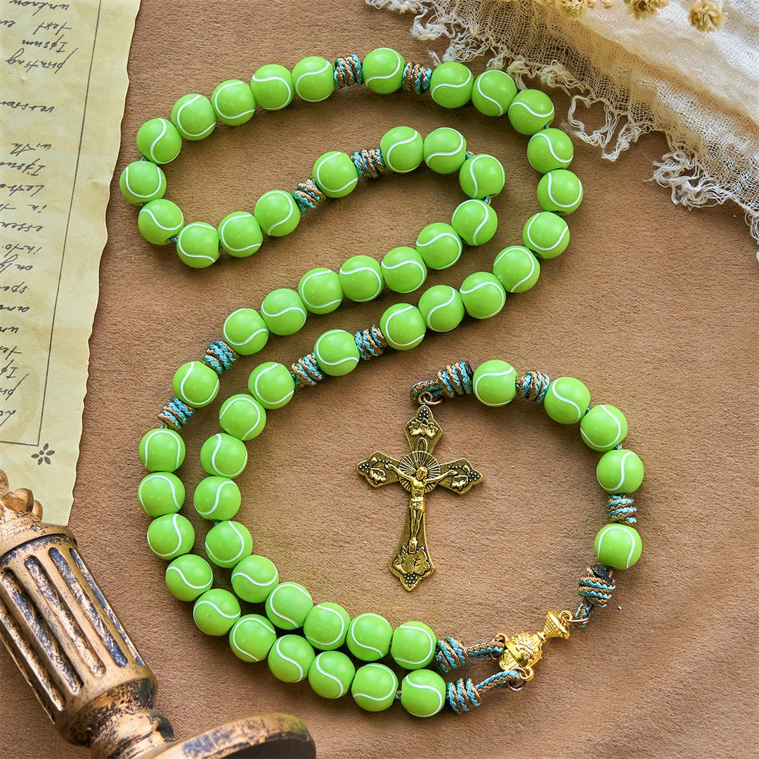 Christianartworkshop Crucifix de la Victoire avec chapelet de prière dynamique inspiré du tennis : la foi rencontre la passion sportive - Chapelet de tennis - image 0