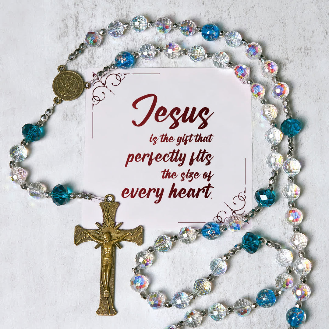 Christianartworkshop FOI PRIÉE : Chapelet Saint Benoît élégant à perles brillantes avec carte cadeau - Jésus est le don - image 0