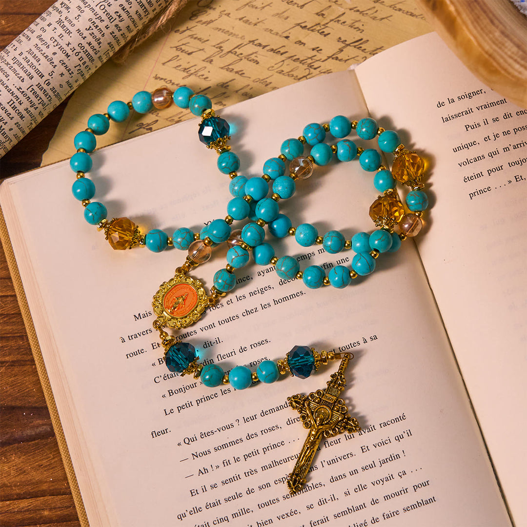 Christianartworkshop Chapelet classique en perles turquoise et alliage doré avec crucifix et médaille miraculeuse - image 1