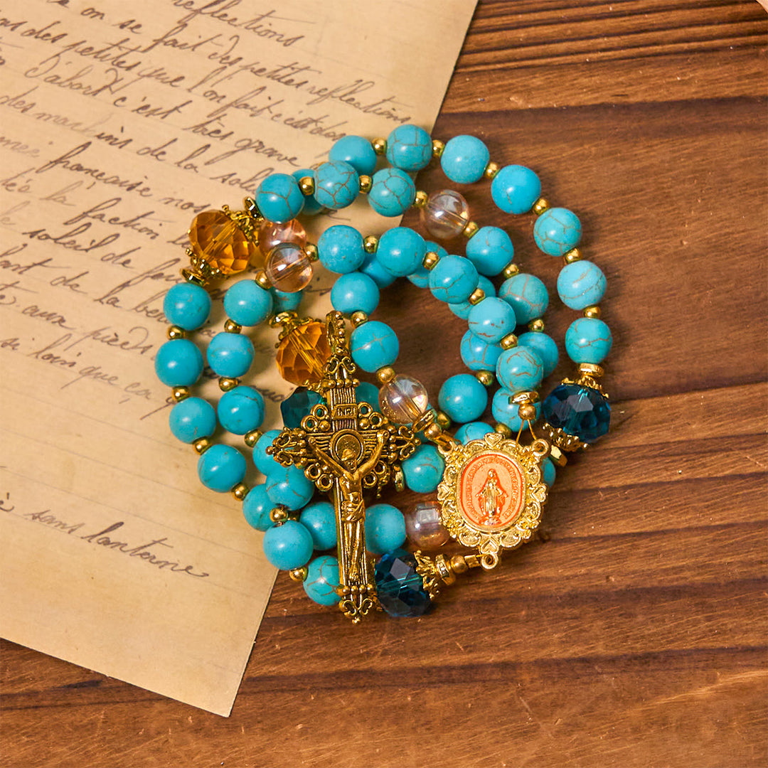 Christianartworkshop Chapelet classique en perles turquoise et alliage doré avec crucifix et médaille miraculeuse - Chapelet turquoise - image 0